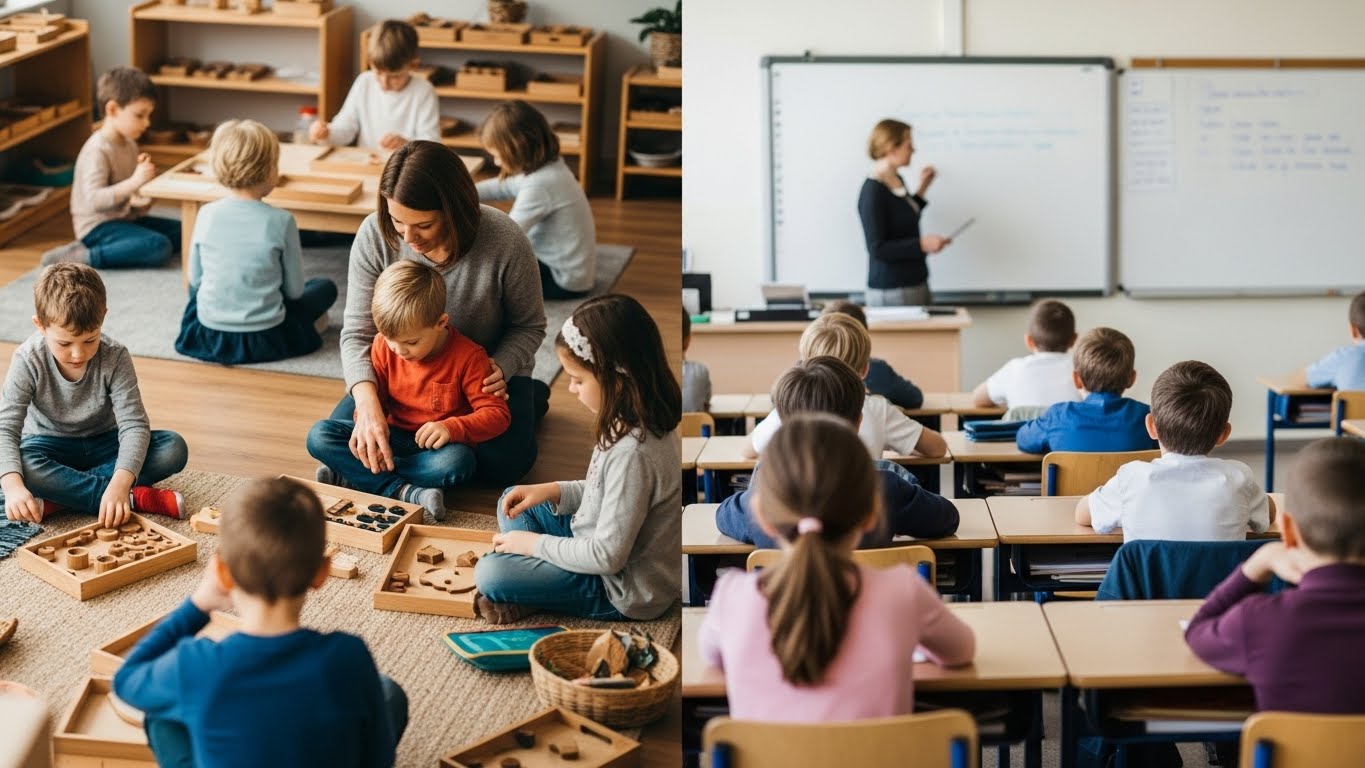 モンテッソーリ教育と一般的な教育法の対比イメージ