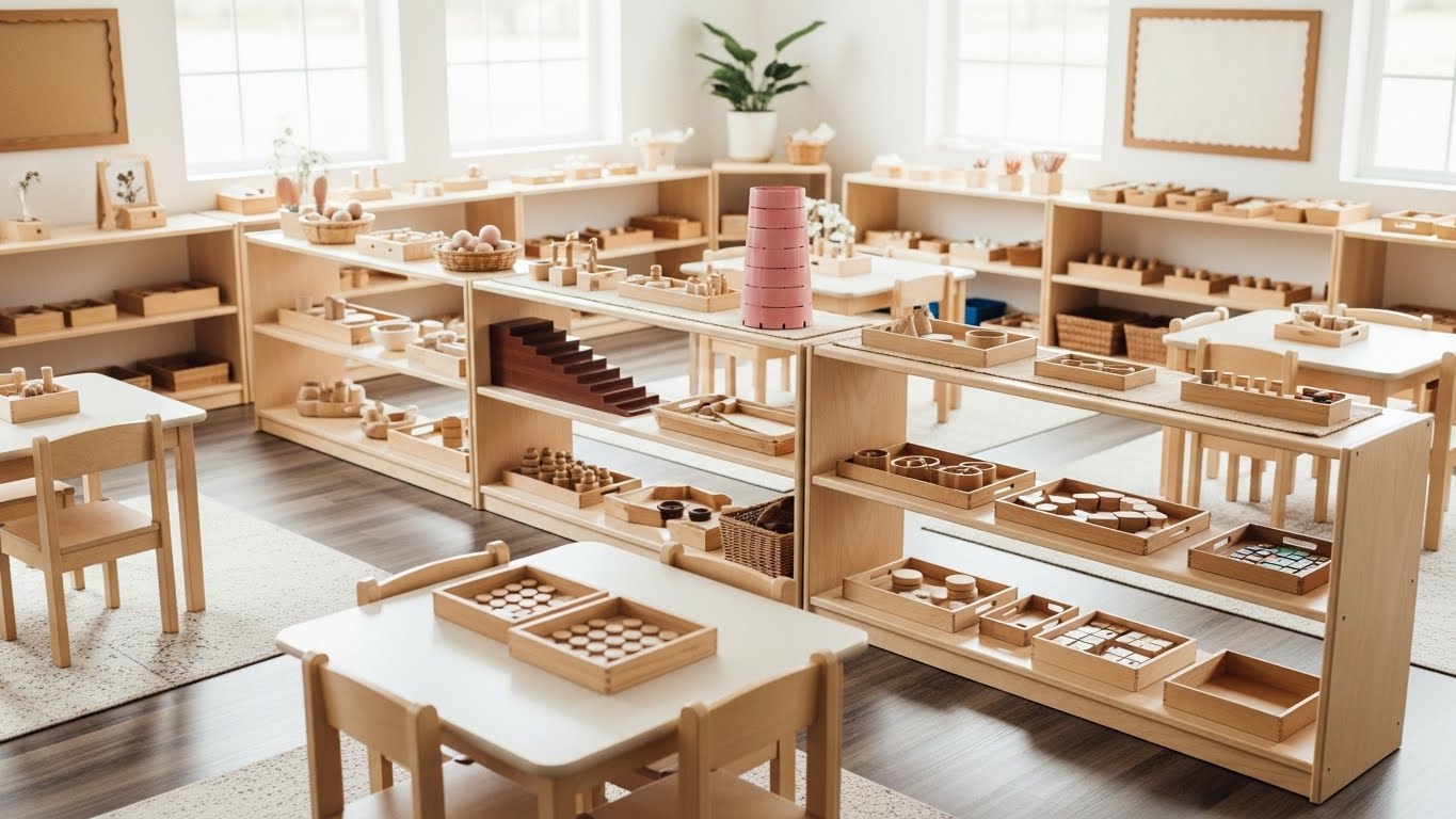 子どもが自由に教具を選べるように整理された棚のイメージ